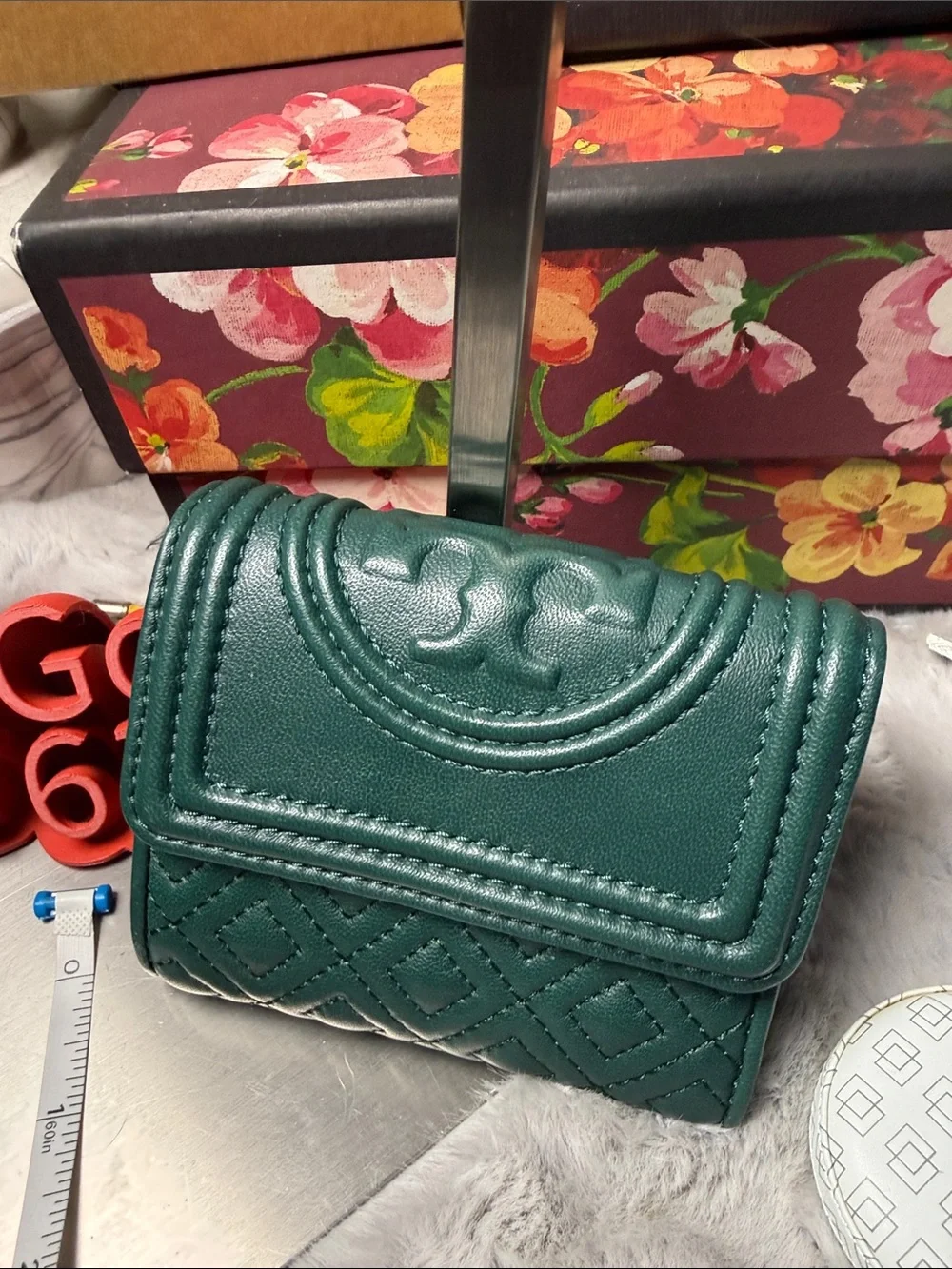 Tory Burch Emerald Green Quilted Leather Mini Wallet